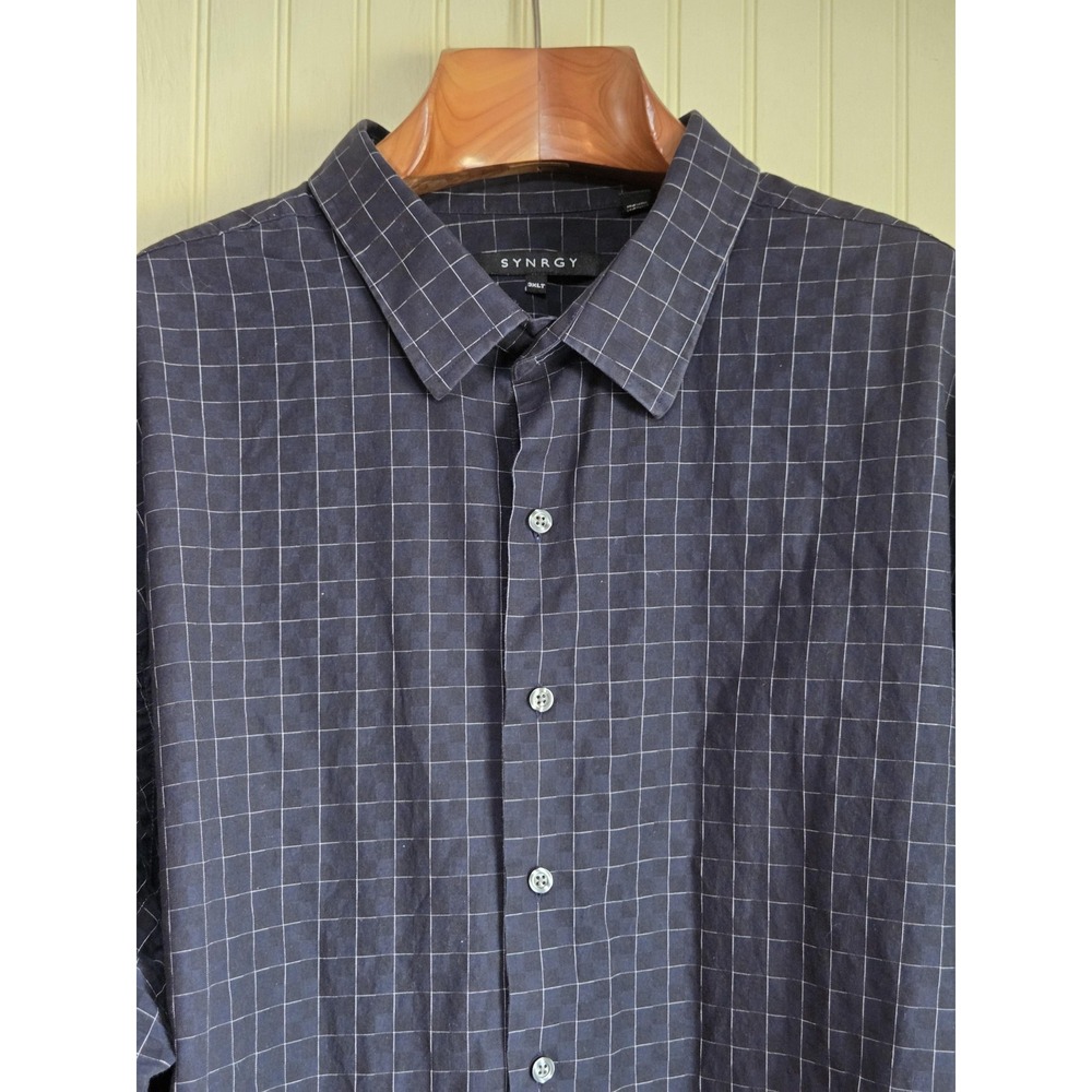 Synrgy Shirt Mens 3XLT‎ Navy Blue Windowpane Check Long Sleeve Button Front
